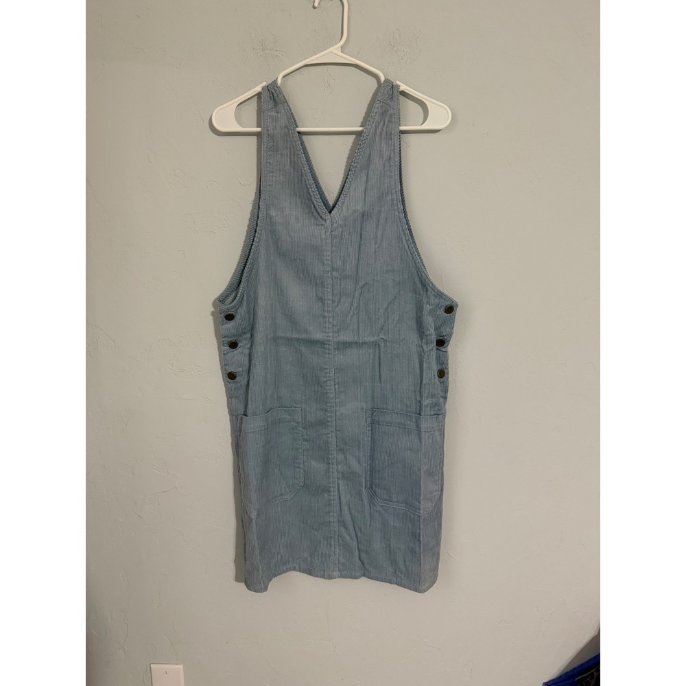 Kisses Light Blue Corduroy Pinafore Dress V-Neck Mini Jumper K0825 Womens Medium